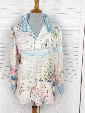 Cherry Betty Christmas Print Ruffle Collar Blouse Cream Pastel Small Cottagecore